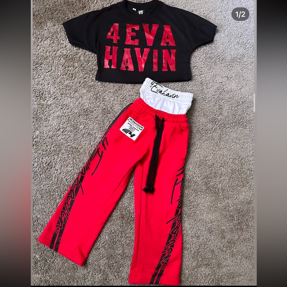 Kids 2-Piece Matching Set — Black Crop Tee & Red Track Pants